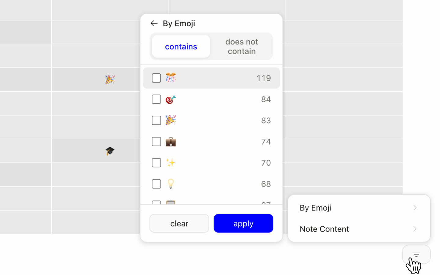 Tabba calendar filter options
