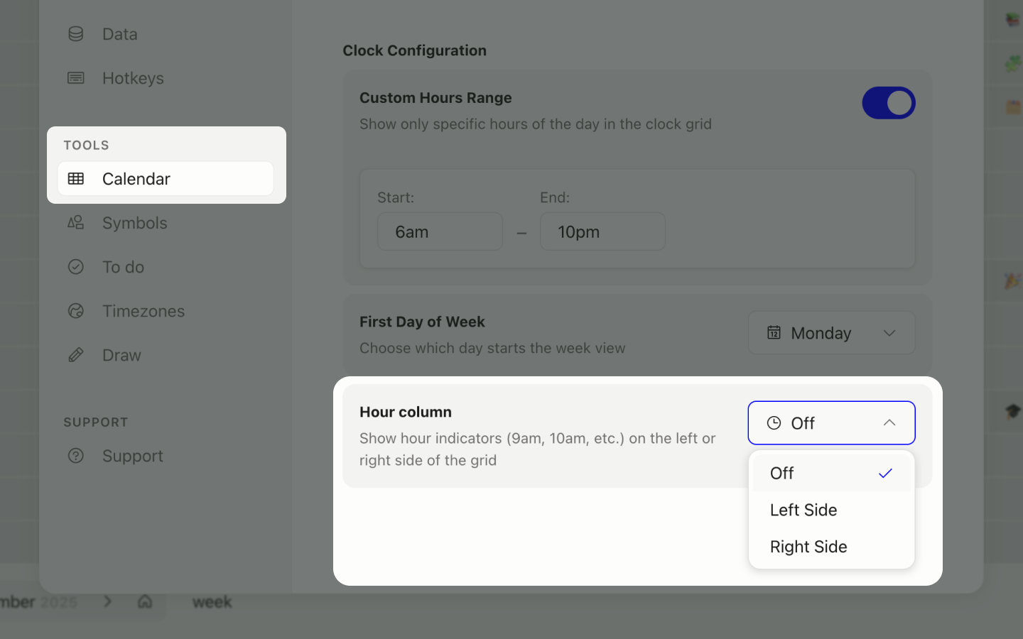 The hour column in the Settings panel